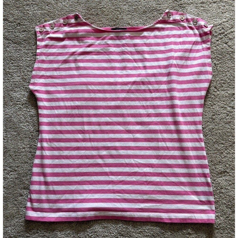 Chaps Women's XL Pink White Striped Gold Button T-shirt